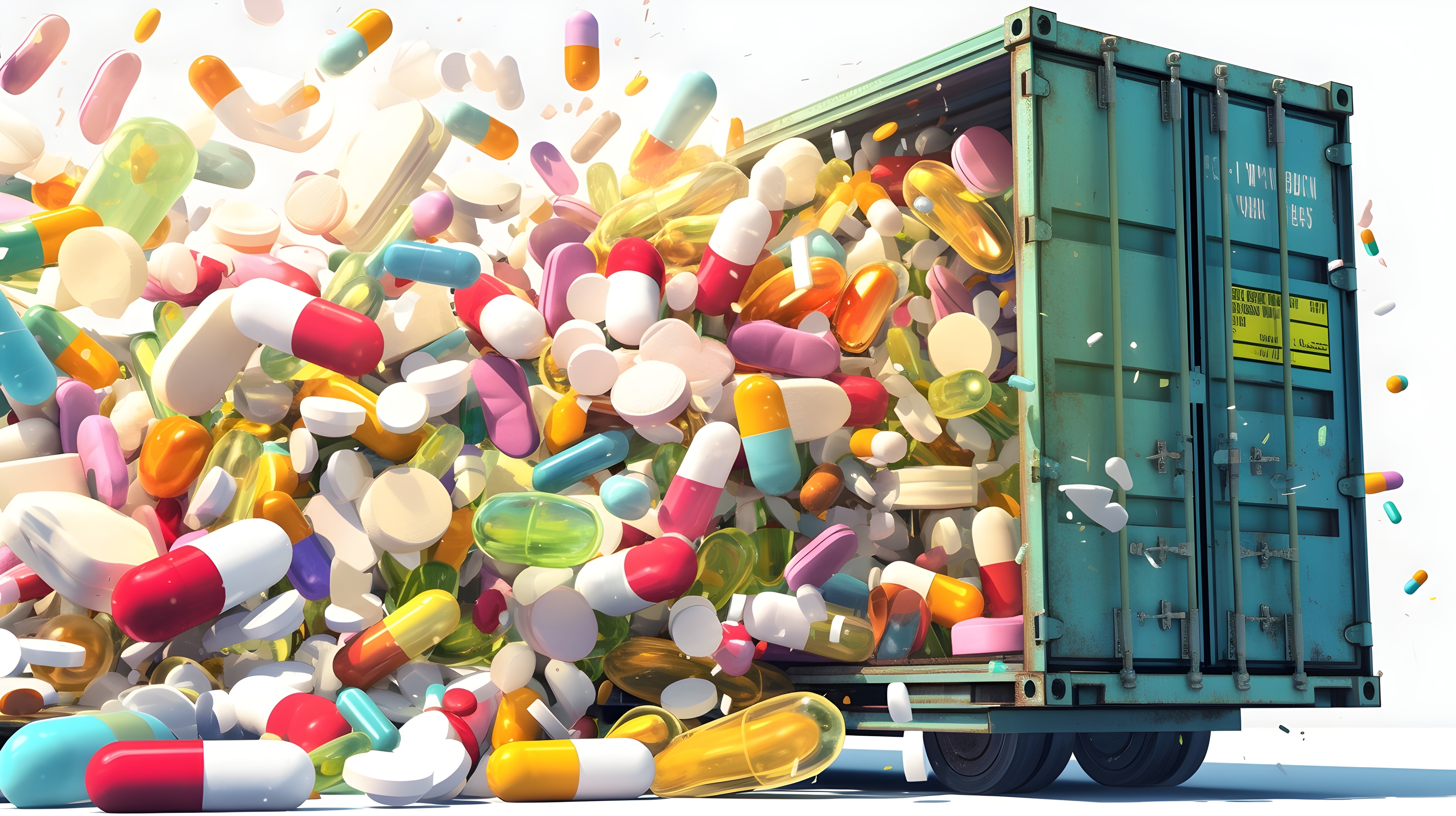 Aus einem Lastwagen quellen Tabletten und Pillen