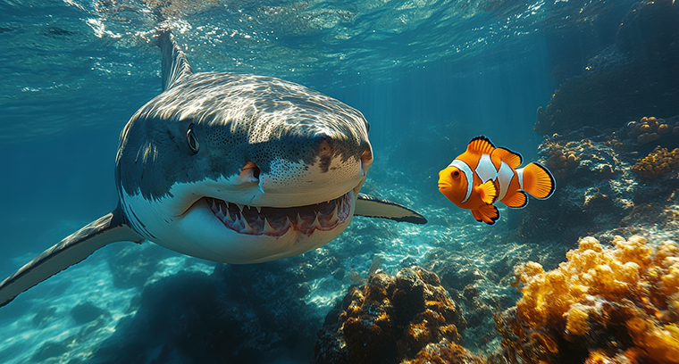 Hai und Apothekerfisch im Meer